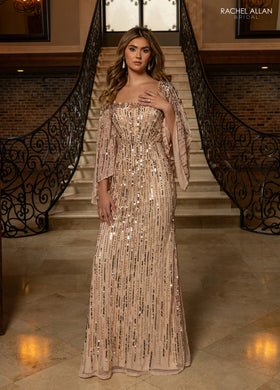 Rachel Allan RB8218 Square Neck Sheer Bell Sleeve Stretch Tulle Formal Dress