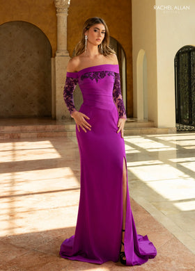 Rachel Allan RB8213 Off the Shoulder Sheer Lace Sleeves Ruched Bodice Evening Dress