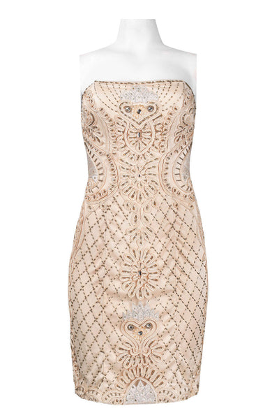 Sue Wong N2312 Champagne Strapless Beaded Ribbon Swirl Mesh Dress
