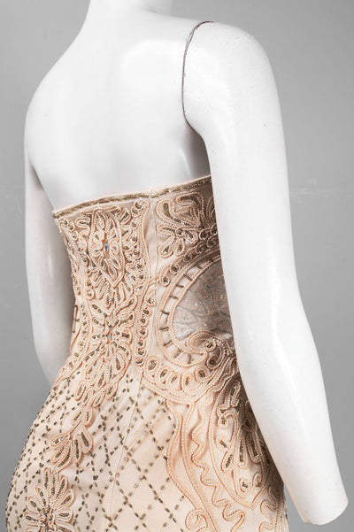 Sue Wong N2312 Champagne Strapless Beaded Ribbon Swirl Mesh Dress