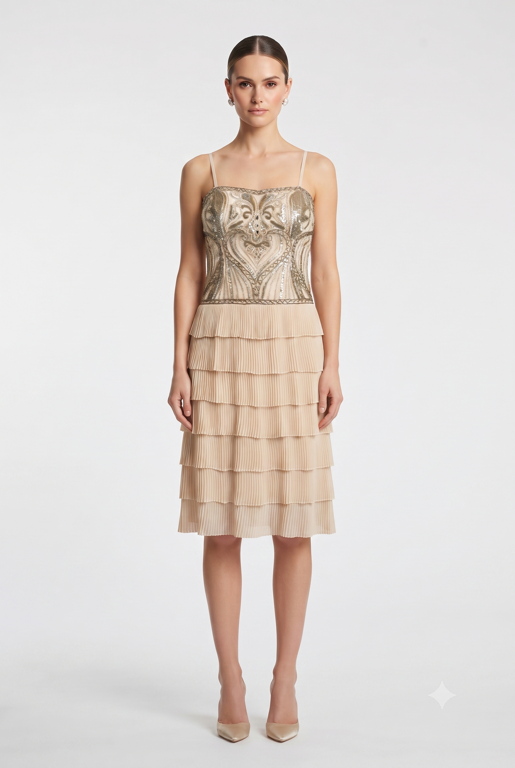 Sue Wong N4100 Spaghetti Strap Beaded Accordion Dress CHAMPAGNE / 8