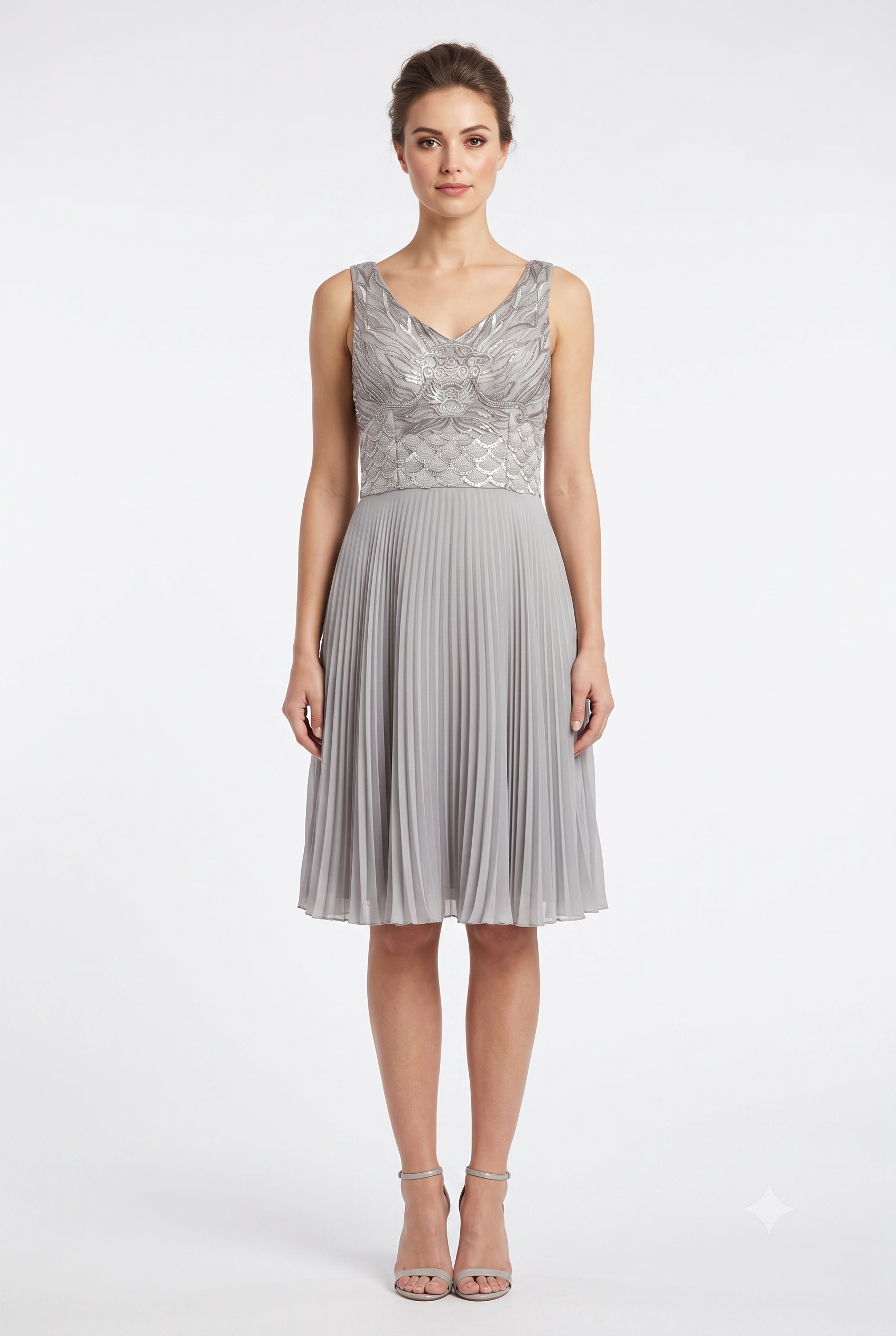 Sue Wong N4136 Sleeveless Embellished Accordion Dress PLATINUM / 0