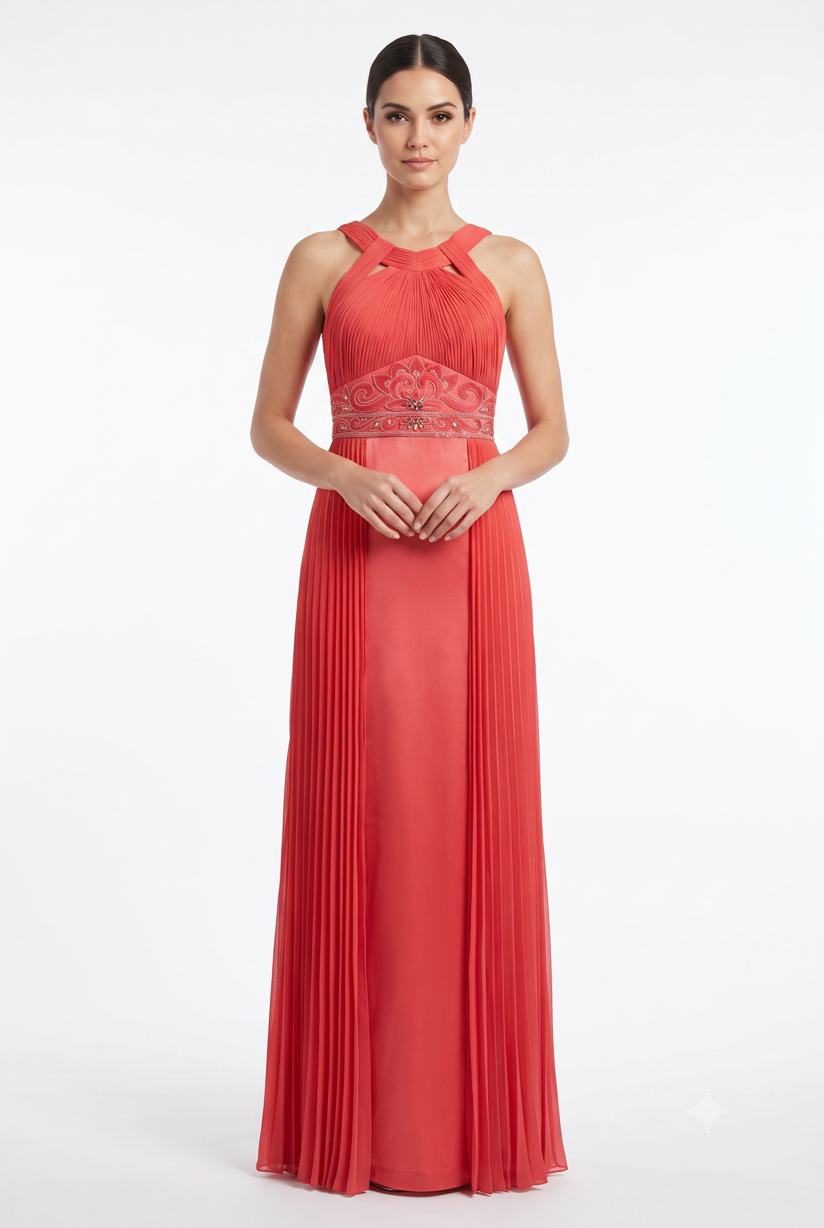 Sue Wong N4312 Halter-Style Beaded Waist Accordion Dress