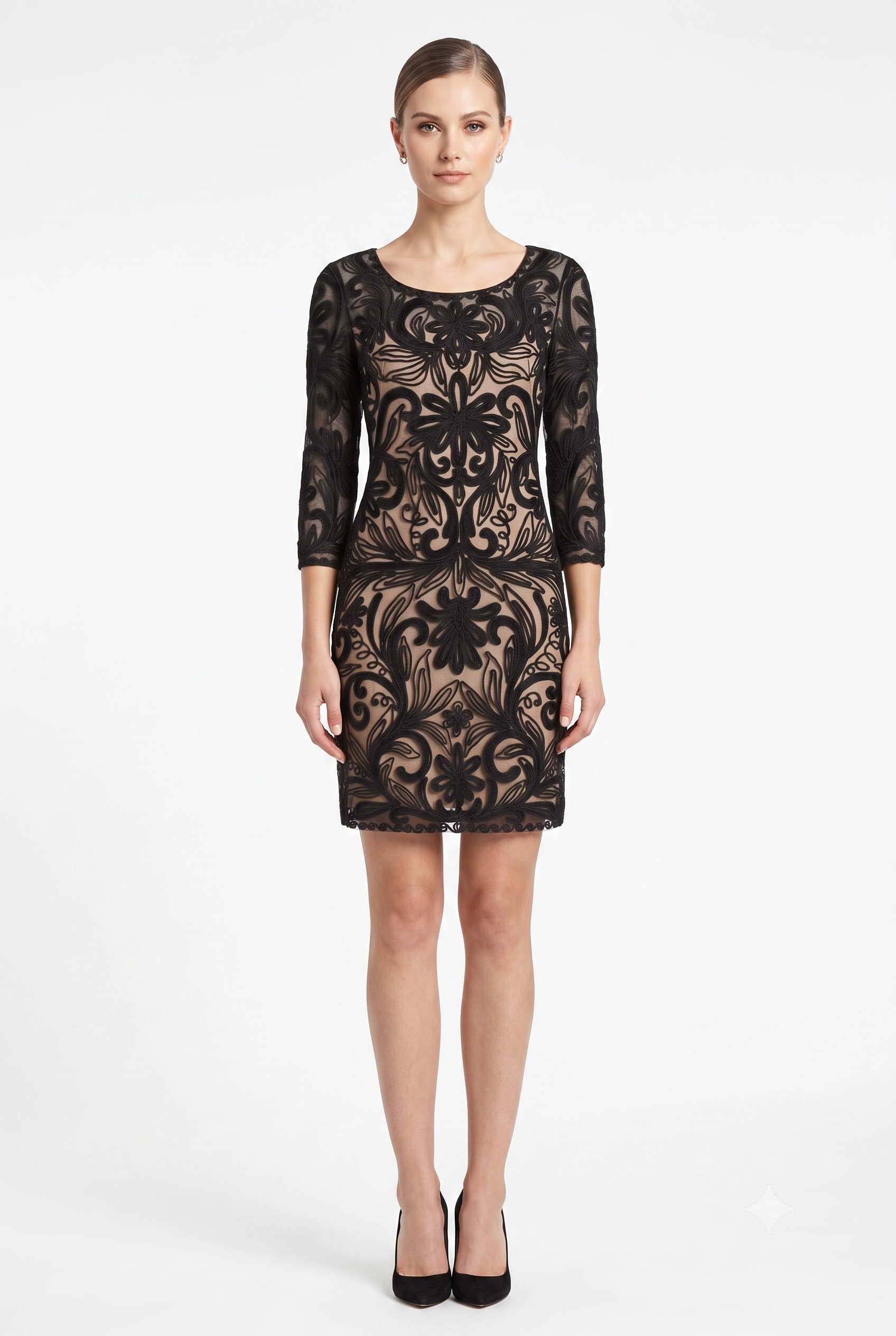 Sue Wong N5344 3/4 Sleeve Floral Embroidered Mesh Dress