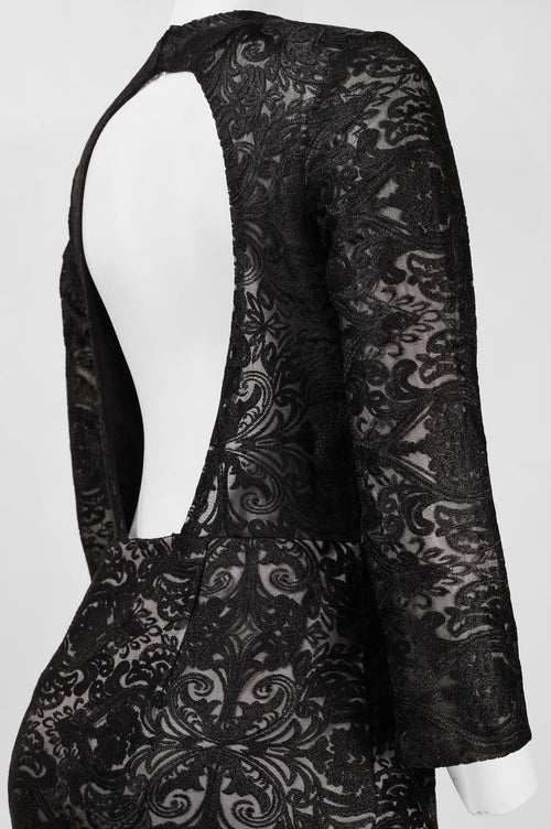 Sue Wong N5551 Ornament Motif 3/4 Sleeve Open-Back Dress