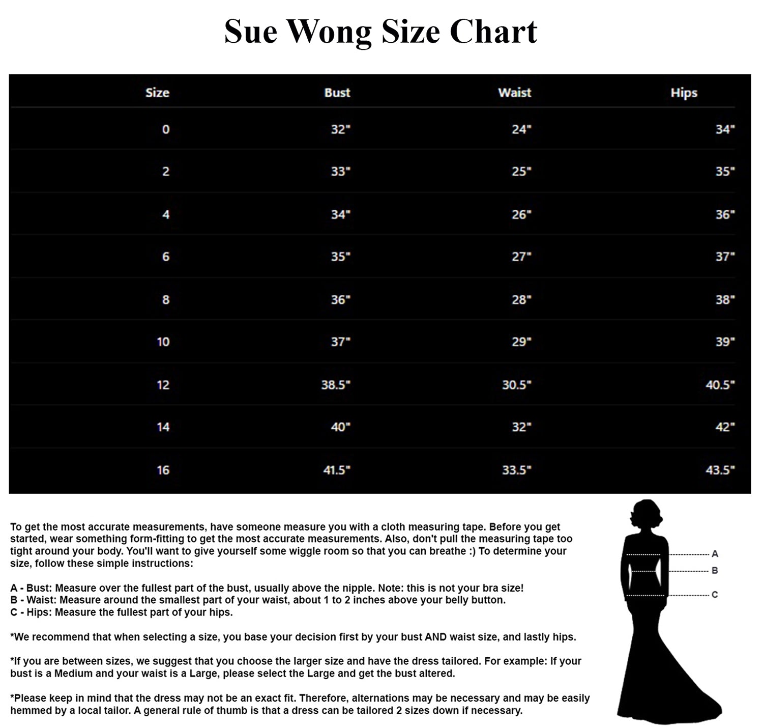 Sue Wong Size Chart