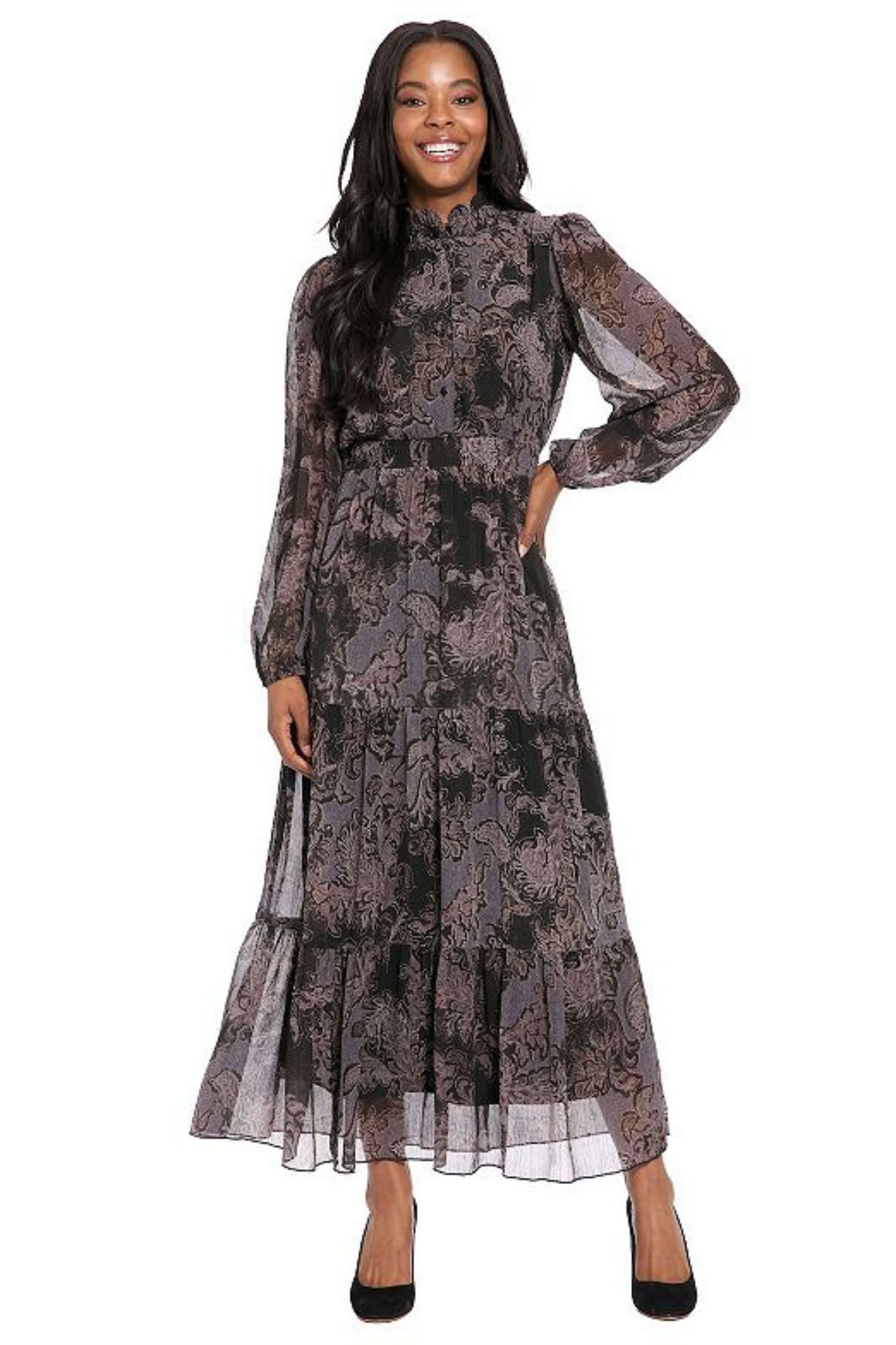 London Times T10013M Paisley Print Chiffon Long Sleeve A-Line Maxi Dress with Ruffled Detail