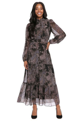 London Times T10013M Paisley Print Chiffon Long Sleeve A-Line Maxi Dress with Ruffled Detail