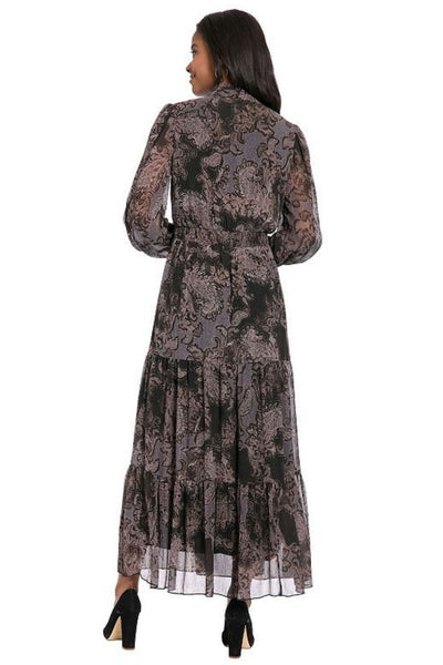 London Times T10013M Paisley Print Chiffon Long Sleeve A-Line Maxi Dress with Ruffled Detail