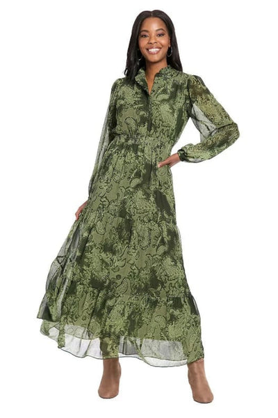London Times T10013M Paisley Print Chiffon Long Sleeve A-Line Maxi Dress with Ruffled Detail