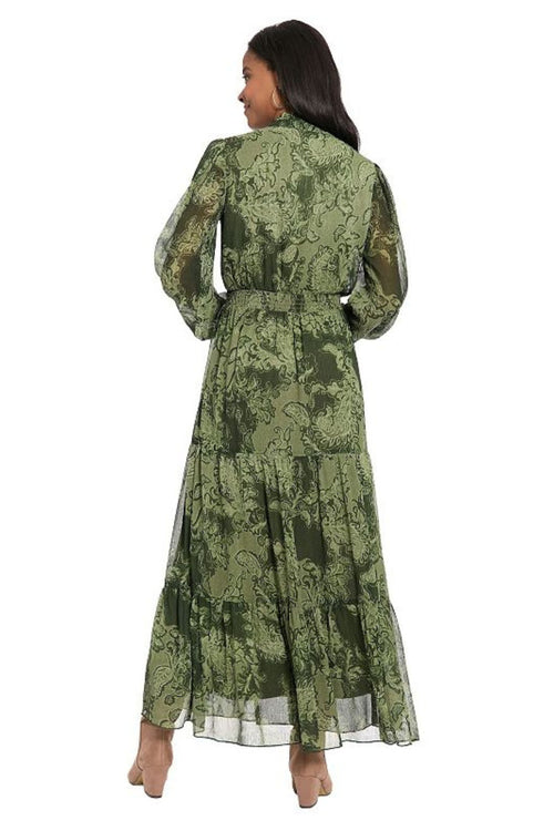 London Times T10013M Paisley Print Chiffon Long Sleeve A-Line Maxi Dress with Ruffled Detail
