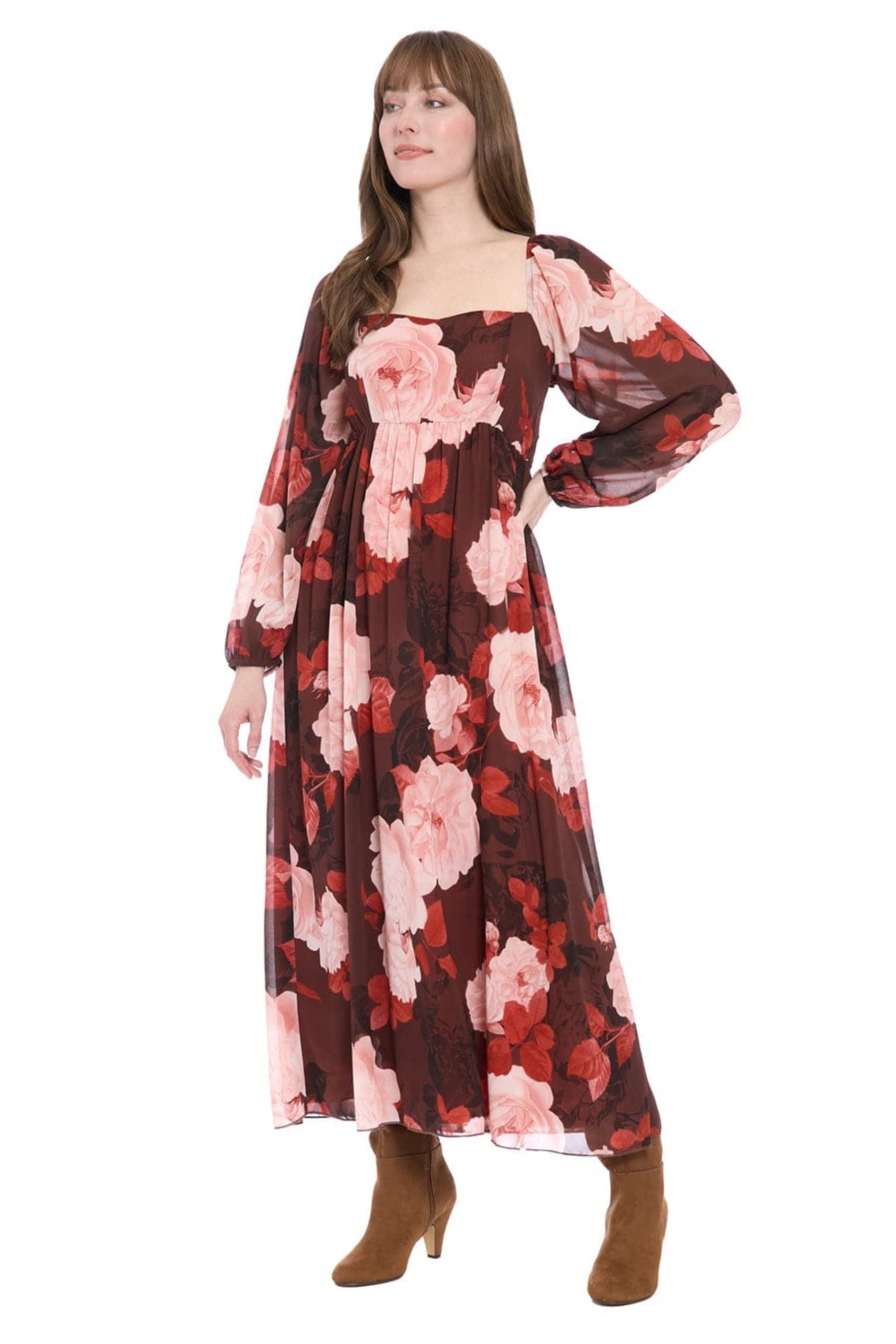 London Times T10042M Floral Print Empire Waist Square Neck Chiffon Maxi Dress