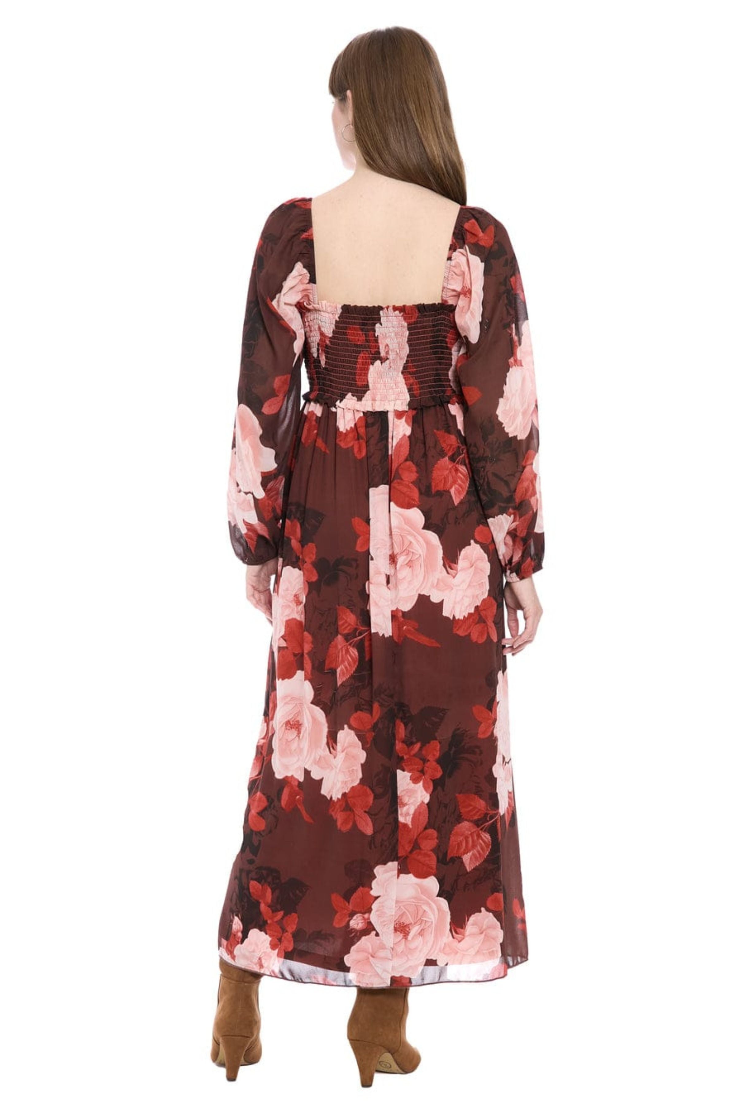 London Times T10042M Floral Print Empire Waist Square Neck Chiffon Maxi Dress
