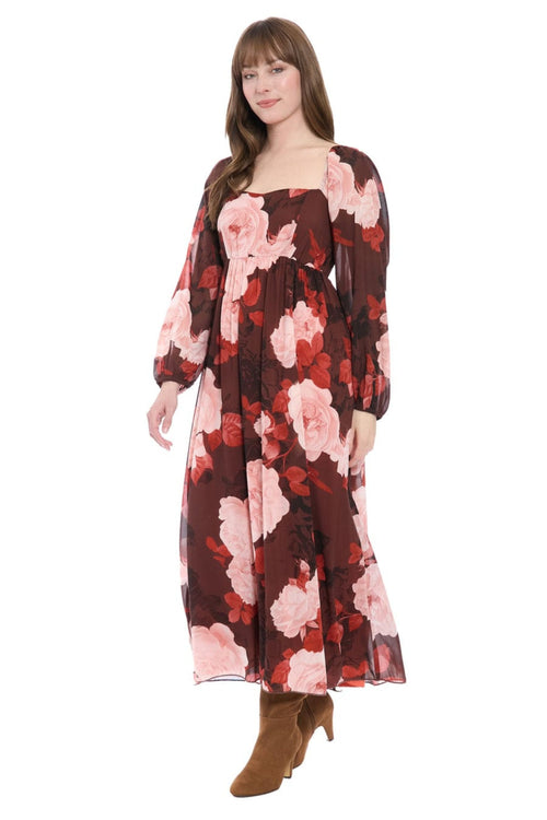 London Times T10042M Floral Print Empire Waist Square Neck Chiffon Maxi Dress