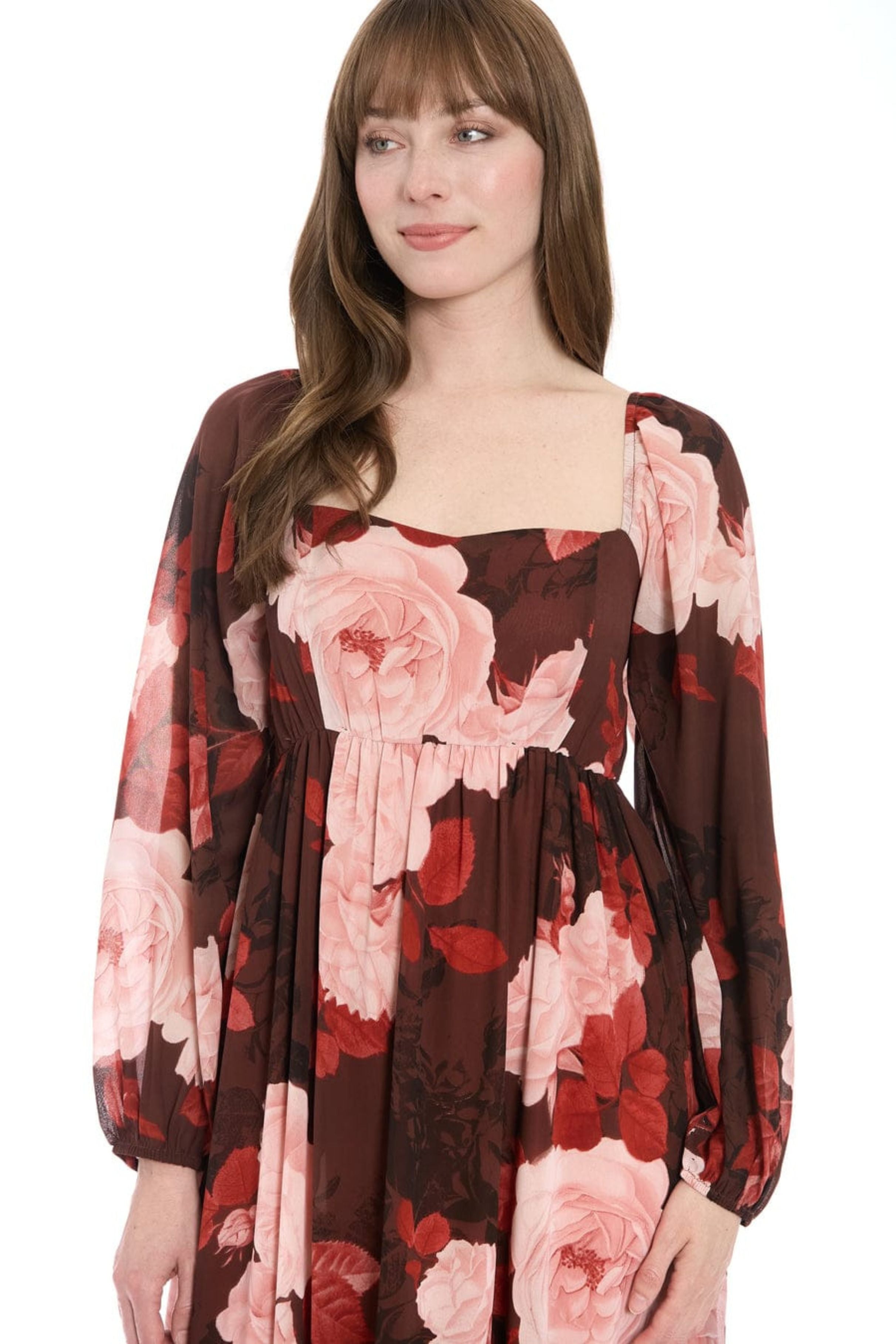 London Times T10042M Floral Print Empire Waist Square Neck Chiffon Maxi Dress