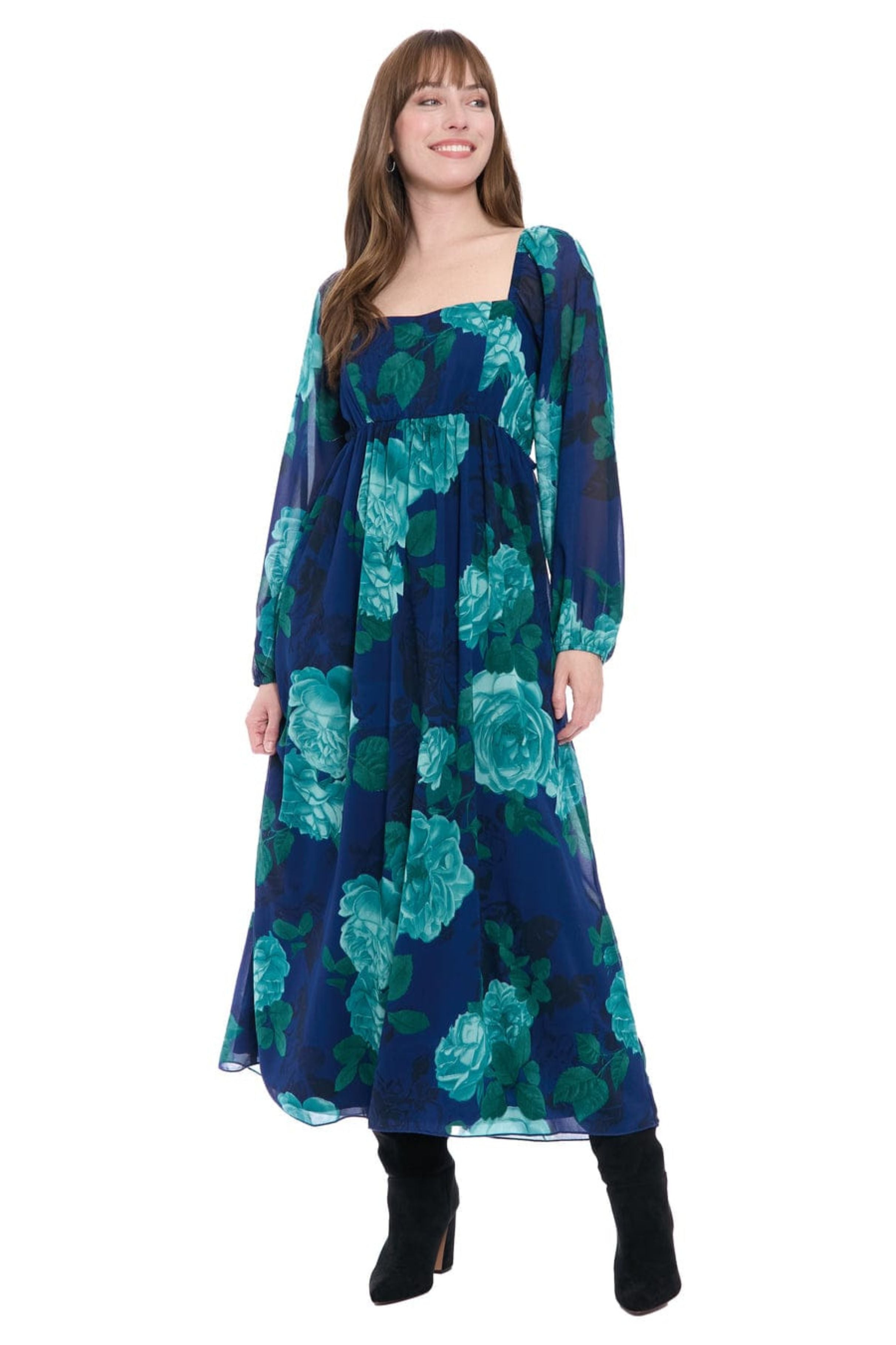 London Times T10042M Floral Print Empire Waist Square Neck Chiffon Maxi Dress