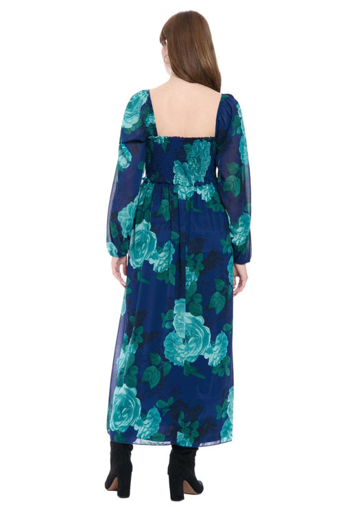 London Times T10042M Floral Print Empire Waist Square Neck Chiffon Maxi Dress