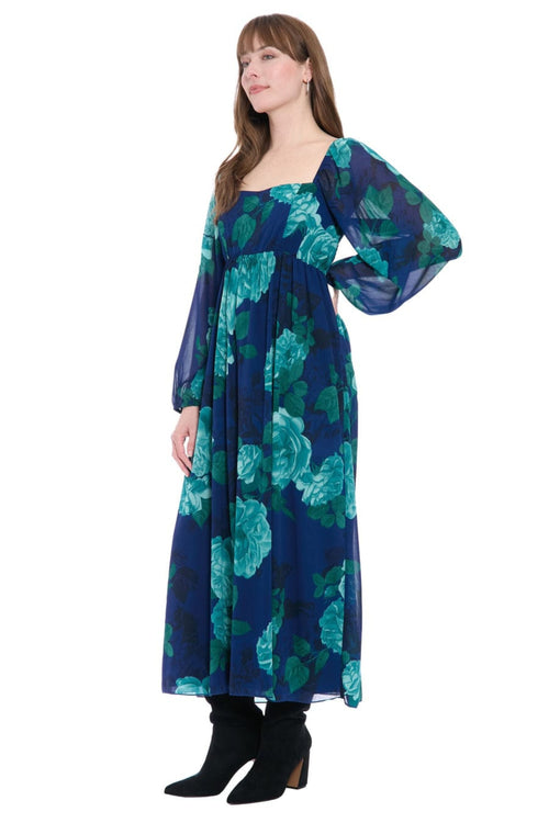 London Times T10042M Floral Print Empire Waist Square Neck Chiffon Maxi Dress