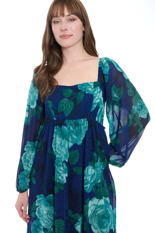 London Times T10042M Floral Print Empire Waist Square Neck Chiffon Maxi Dress
