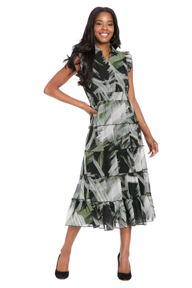 London Times T10125M Multi Color Tiered A-Line Cap Sleeve Collared Chiffon Midi Dress with Ruffled Detail
