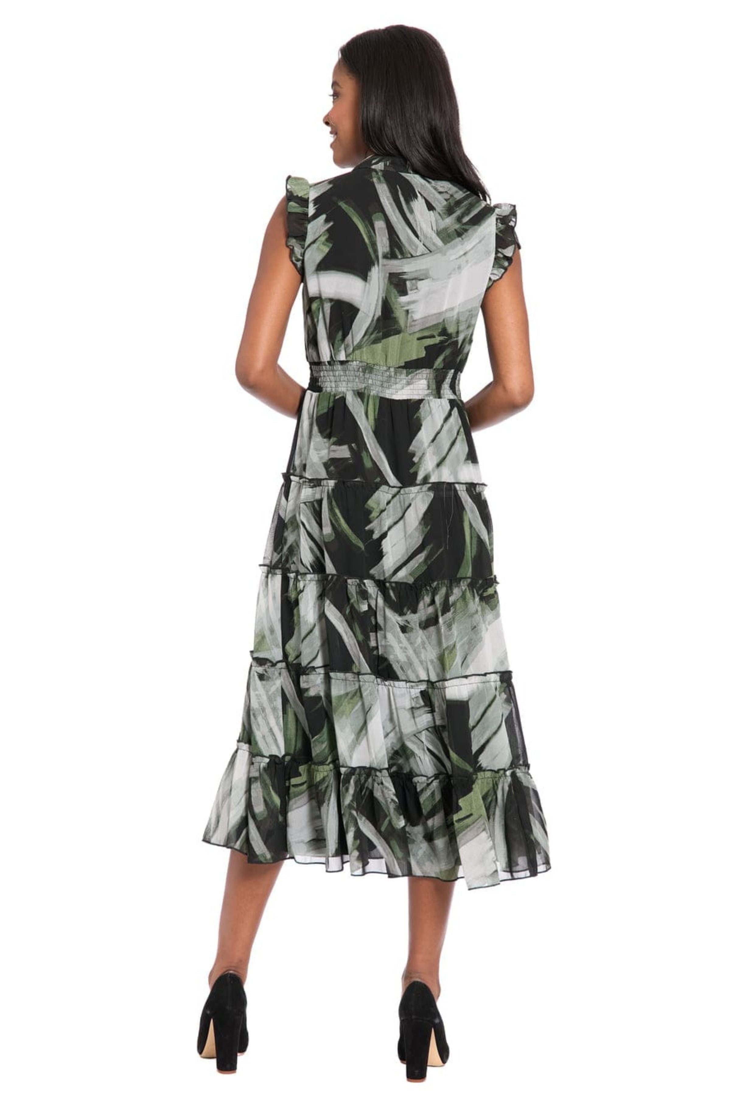 London Times T10125M Multi Color Tiered A-Line Cap Sleeve Collared Chiffon Midi Dress with Ruffled Detail