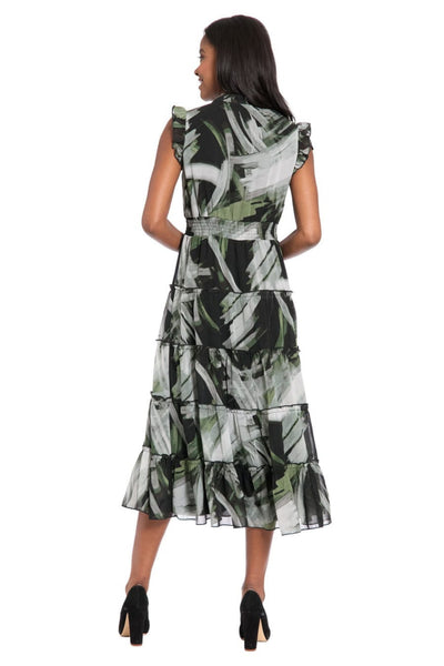 London Times T10125M Multi Color Tiered A-Line Cap Sleeve Collared Chiffon Midi Dress with Ruffled Detail