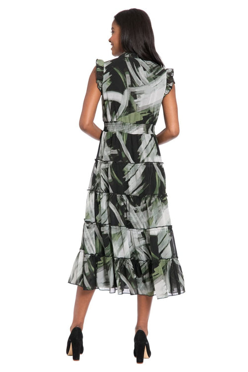 London Times T10125M Multi Color Tiered A-Line Cap Sleeve Collared Chiffon Midi Dress with Ruffled Detail