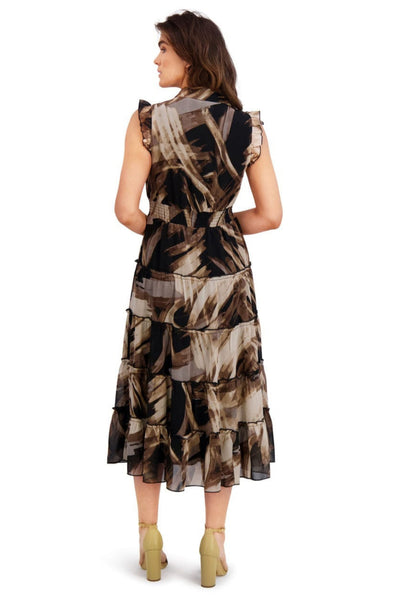 London Times T10125M Multi Color Tiered A-Line Cap Sleeve Collared Chiffon Midi Dress with Ruffled Detail