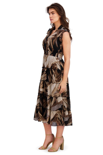 London Times T10125M Multi Color Tiered A-Line Cap Sleeve Collared Chiffon Midi Dress with Ruffled Detail