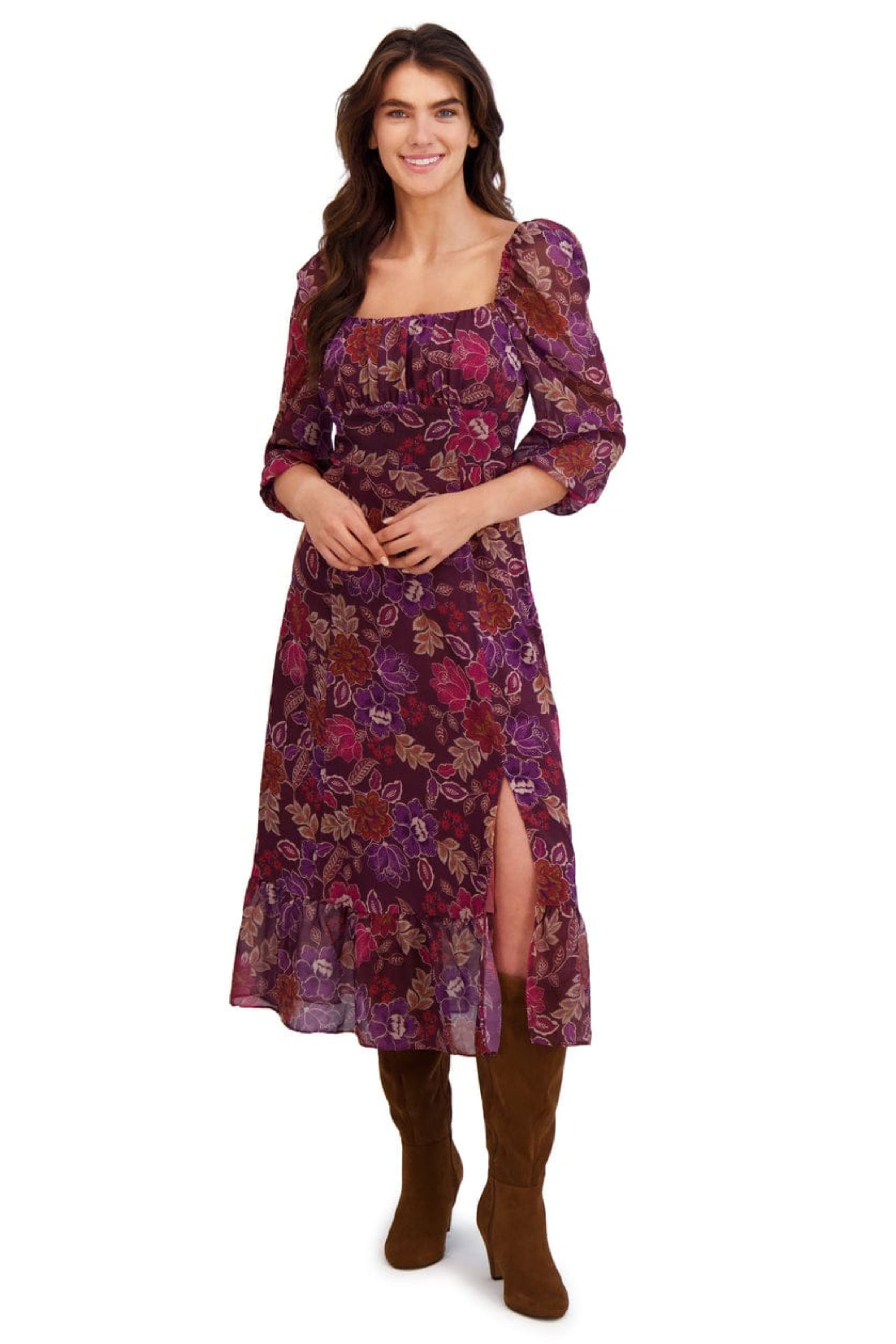 London Times T10127M Port Purple Floral Print Empire Waist 3/4 Sleeve Square Neck Chiffon Midi Dress with Slit Detail