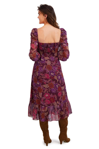 London Times T10127M Port Purple Floral Print Empire Waist 3/4 Sleeve Square Neck Chiffon Midi Dress with Slit Detail