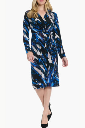 London Times T10144M Multi Color Faux Wrap Long Sleeve Collared Stretch Jersey Midi Dress