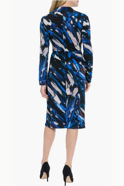London Times T10144M Multi Color Faux Wrap Long Sleeve Collared Stretch Jersey Midi Dress