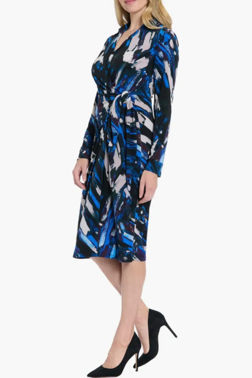 London Times T10144M Multi Color Faux Wrap Long Sleeve Collared Stretch Jersey Midi Dress