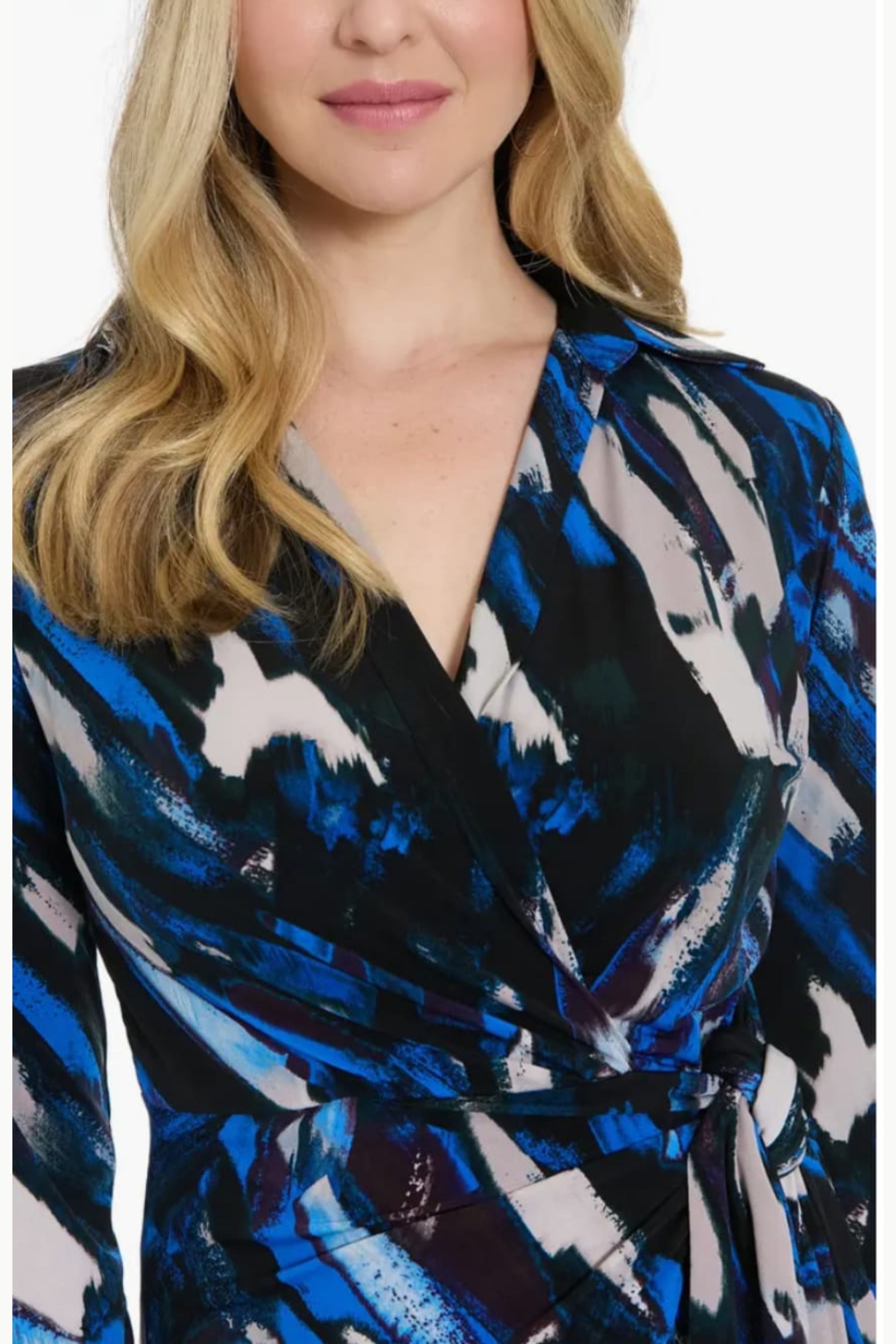 London Times T10144M Multi Color Faux Wrap Long Sleeve Collared Stretch Jersey Midi Dress