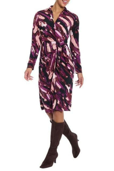 London Times T10144M Multi Color Faux Wrap Long Sleeve Collared Stretch Jersey Midi Dress