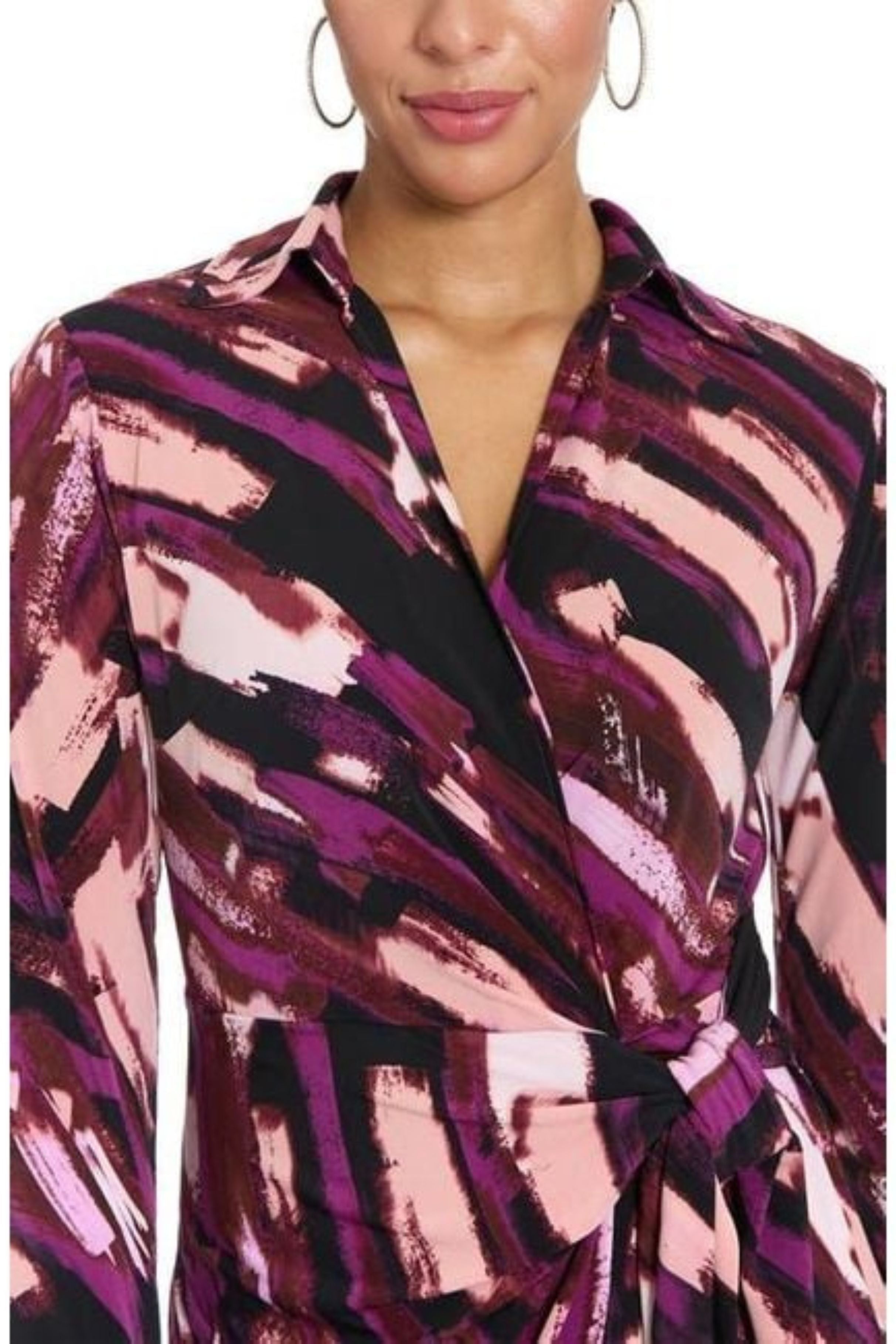 London Times T10144M Multi Color Faux Wrap Long Sleeve Collared Stretch Jersey Midi Dress