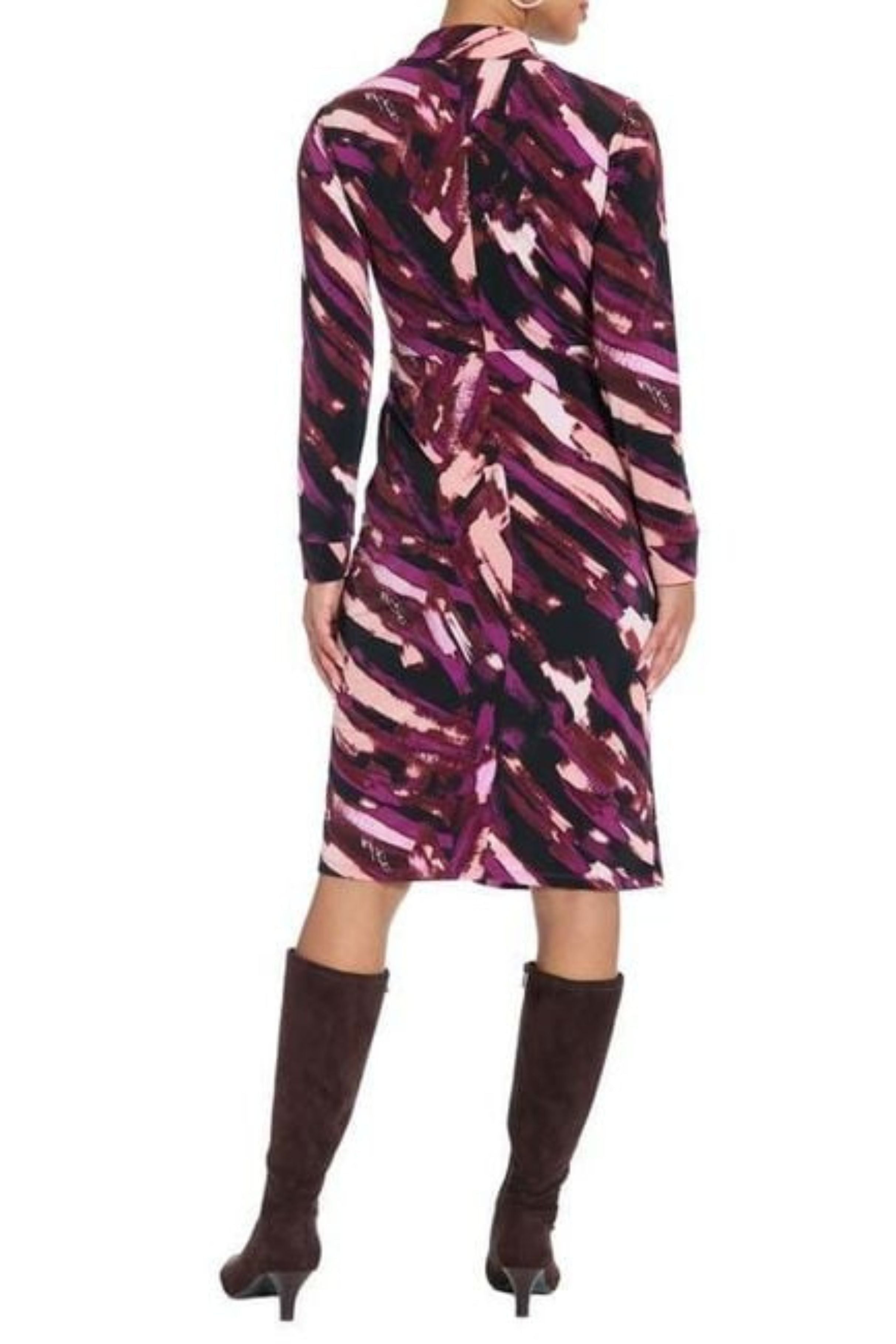London Times T10144M Multi Color Faux Wrap Long Sleeve Collared Stretch Jersey Midi Dress