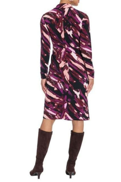 London Times T10144M Multi Color Faux Wrap Long Sleeve Collared Stretch Jersey Midi Dress