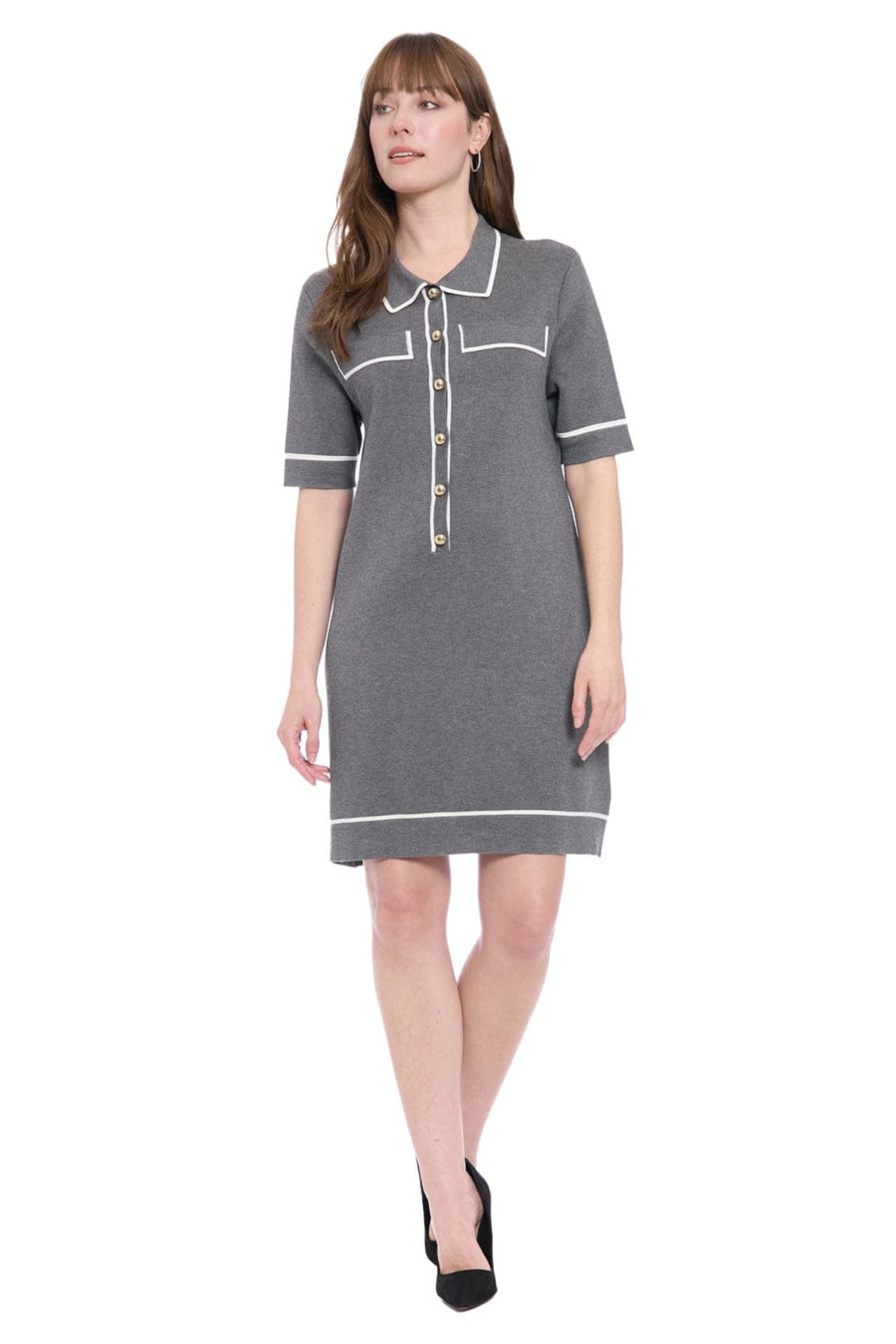 London Times T10154M D Grey Ivory Short Sleeve Sheath Collared Knit Sweater Dress with Collared Neck