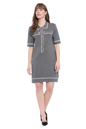 London Times T10154M D Grey Ivory Short Sleeve Sheath Collared Knit Sweater Dress with Collared Neck
