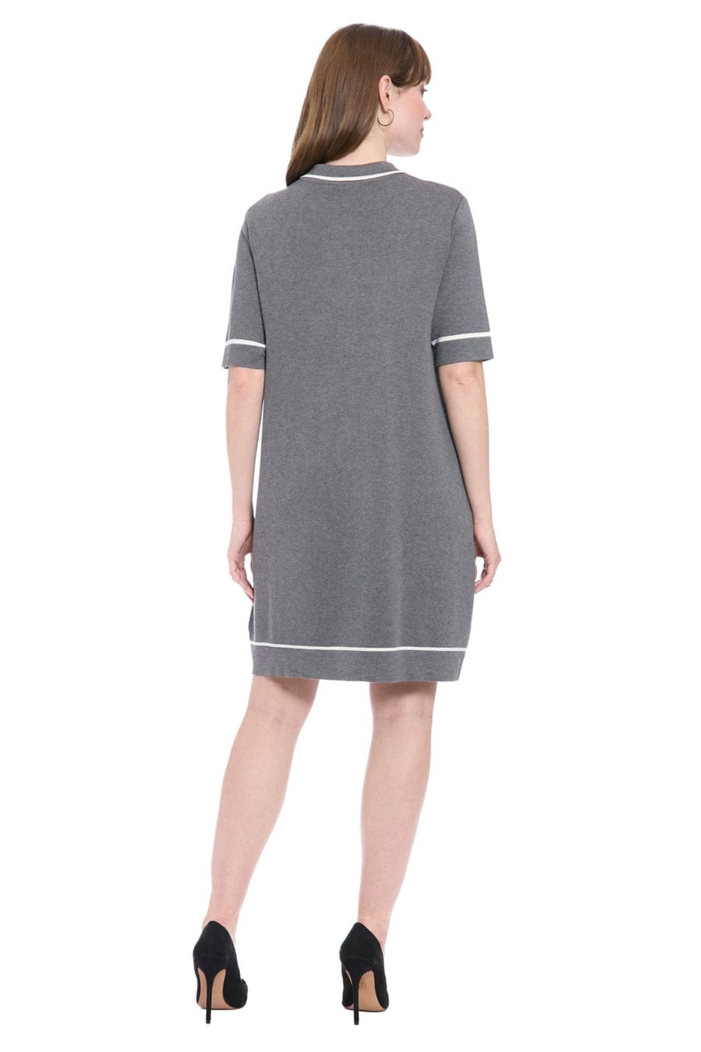 London Times T10154M D Grey Ivory Short Sleeve Sheath Collared Knit Sweater Dress with Collared Neck