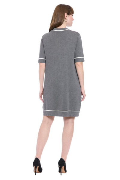 London Times T10154M D Grey Ivory Short Sleeve Sheath Collared Knit Sweater Dress with Collared Neck
