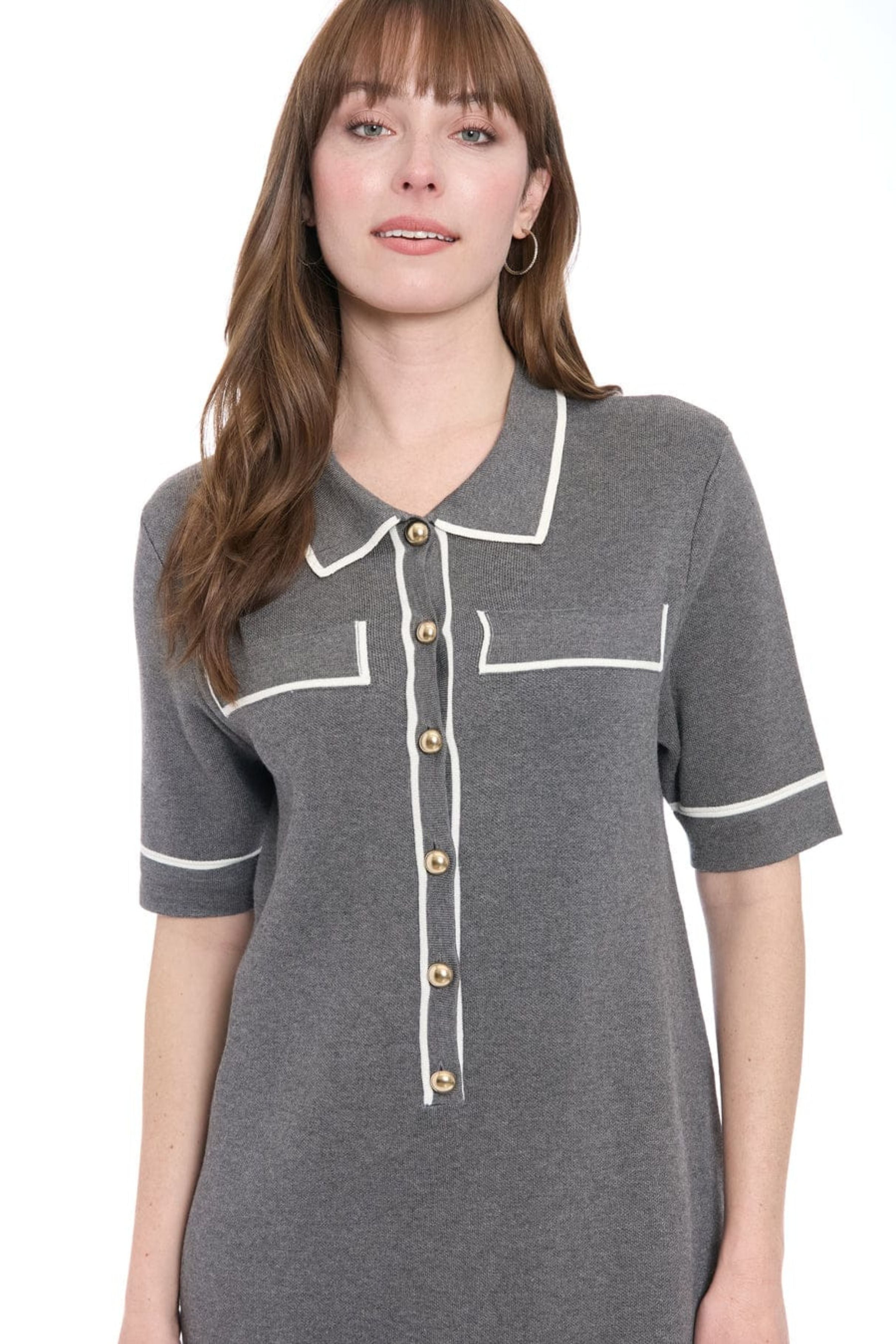 London Times T10154M D Grey Ivory Short Sleeve Sheath Collared Knit Sweater Dress with Collared Neck
