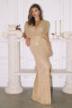 Sequin Fitted Short Sleeve Gown by Amoris T101 in Navy