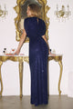 Sequin Fitted Short Sleeve Gown by Amoris T101 in Navy