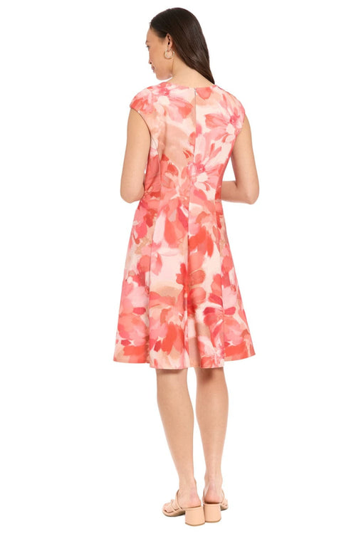 London Times T10249M Floral Fit-and-Flare Cap Sleeve Boat Neck A-Line Dress with Floral Print