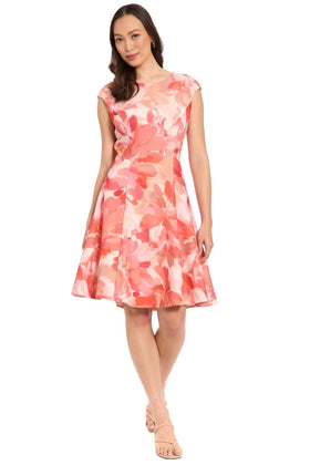 London Times T10249M Floral Fit-and-Flare Cap Sleeve Boat Neck A-Line Dress with Floral Print