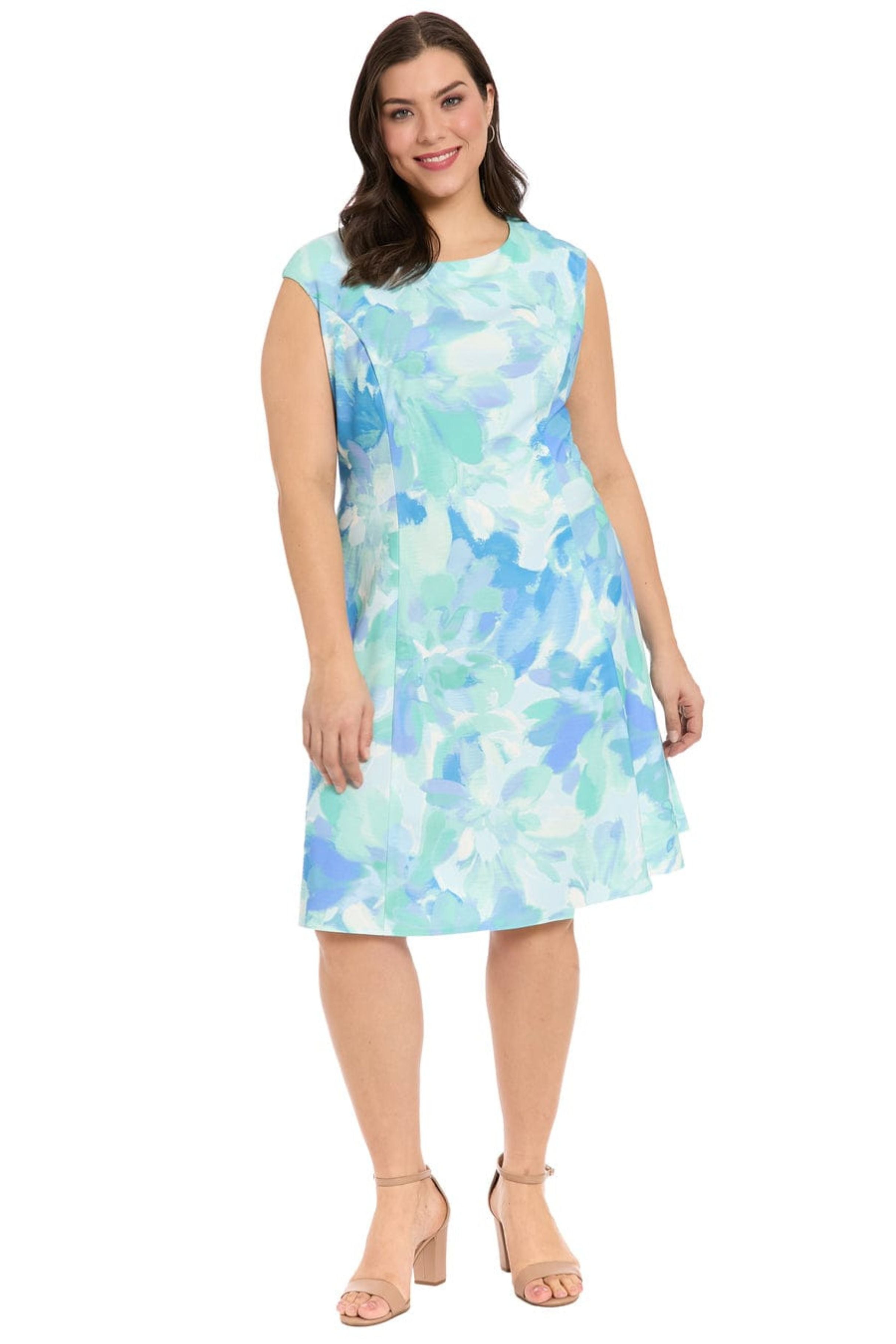 London Times T10249M Floral Fit-and-Flare Cap Sleeve Boat Neck A-Line Dress with Floral Print