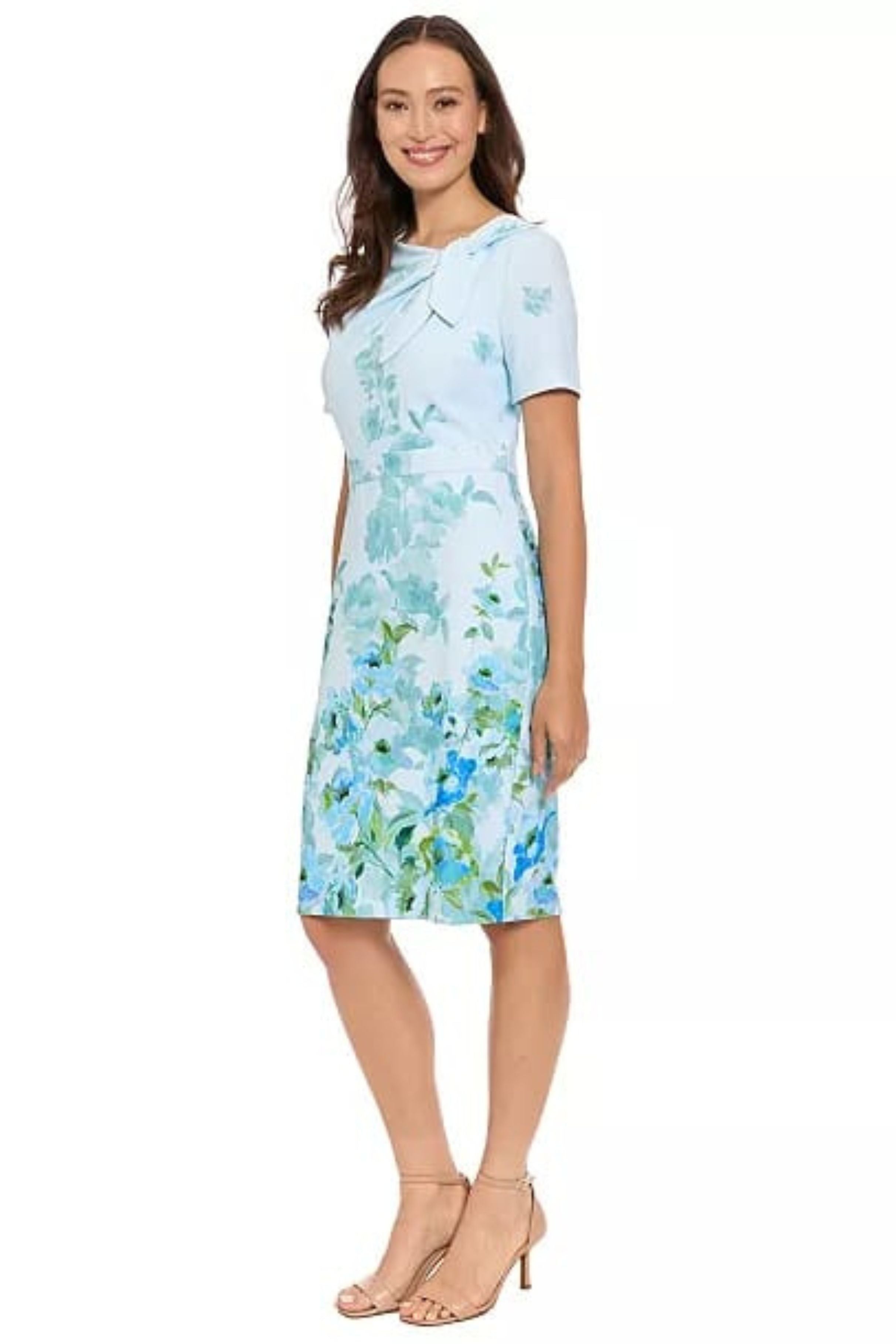London Times T10250M Floral Scuba Short Sleeve Asymmetrical Neck Scuba Crepe Sheath Dress